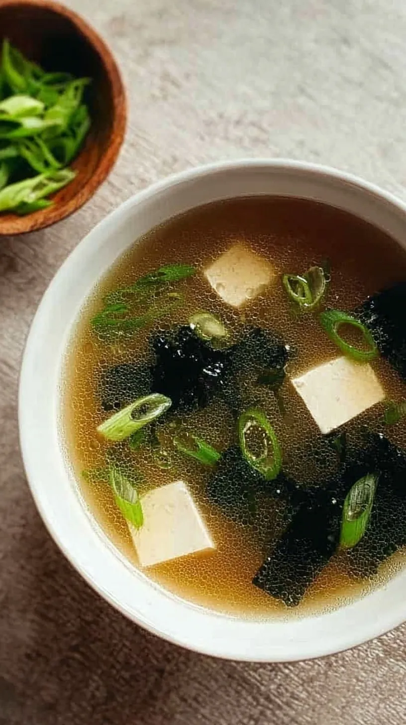 A steaming bowl of miso soup with silken tofu cubes, green onions, and seaweed in a dark ceramic bowl.