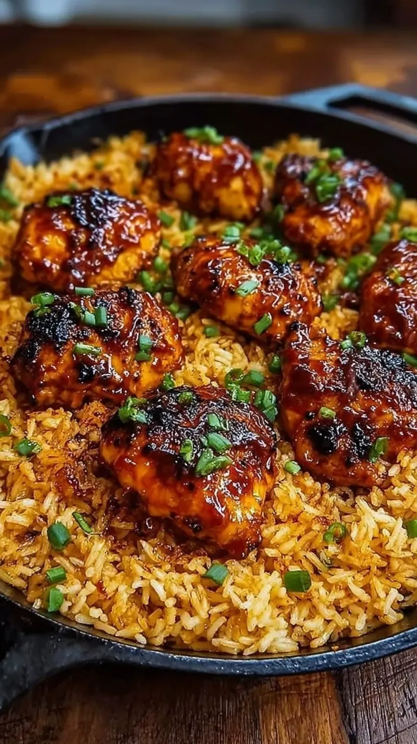 A 12-inch skillet filled with tender honey BBQ chicken pieces and fluffy rice garnished with fresh green onions.