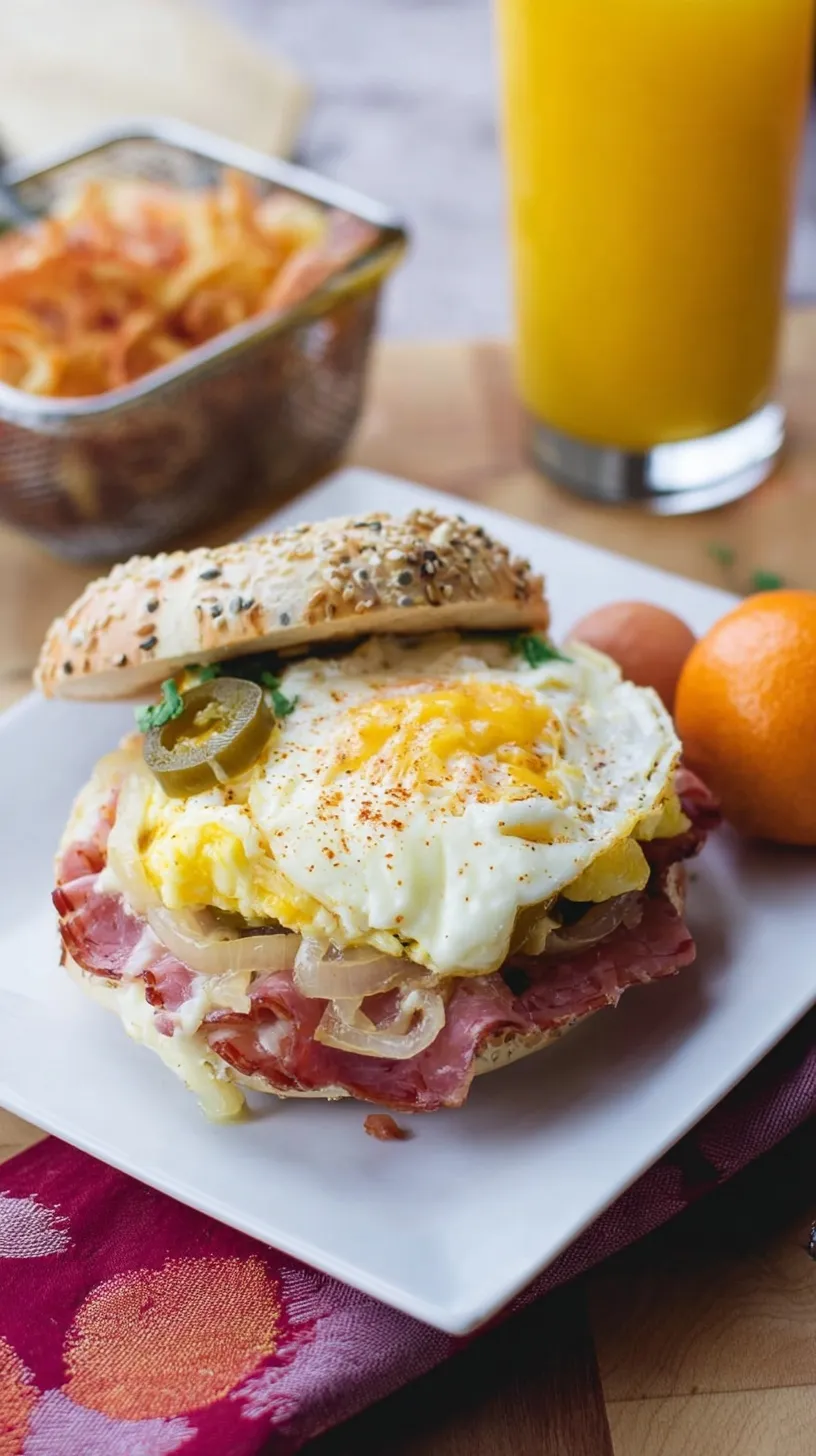 A golden toasted everything bagel filled with fluffy eggs, melted cheddar cheese, and crispy seared pastrami.