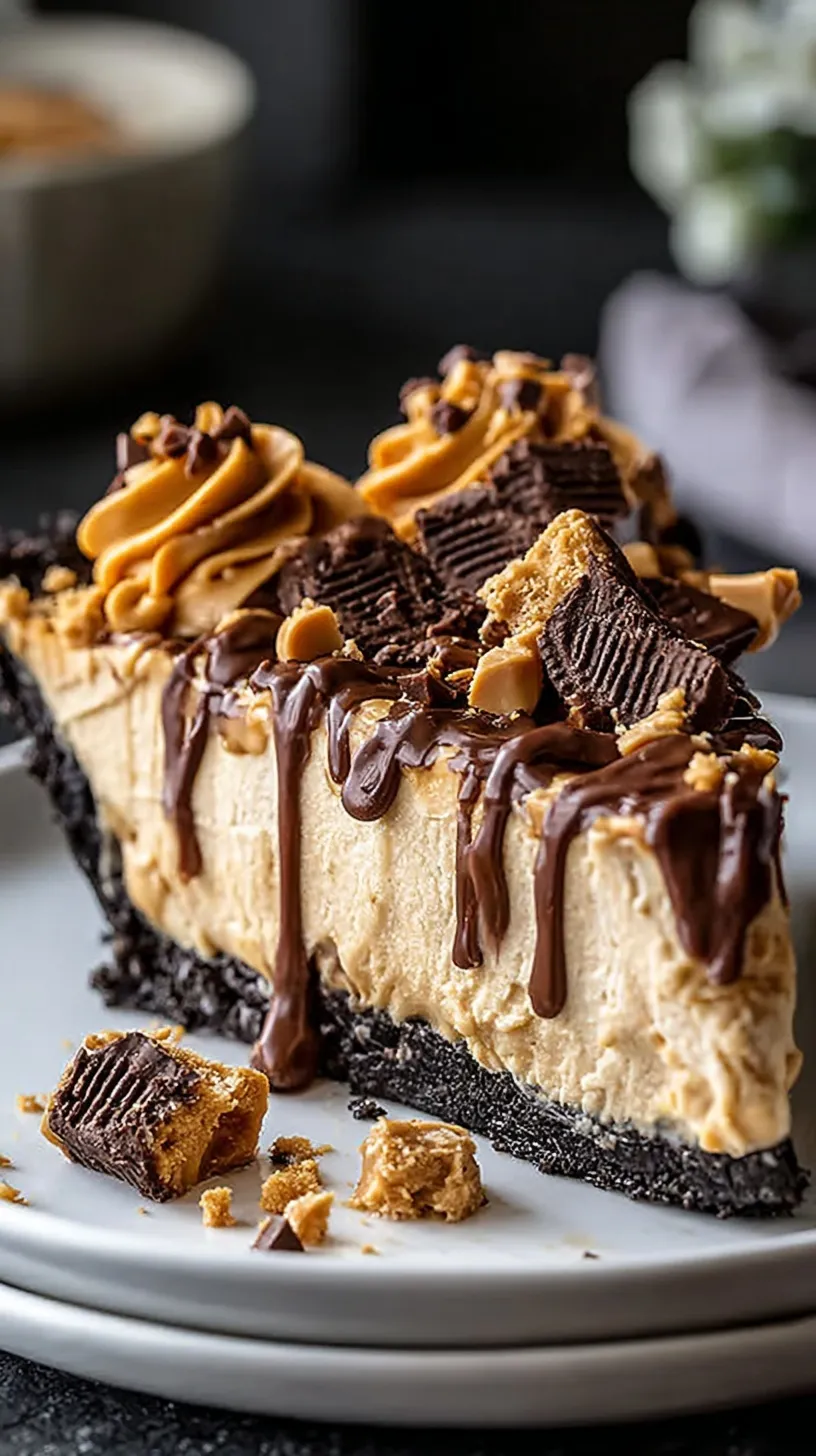 A slice of creamy peanut butter pie in a graham cracker crust on a white plate