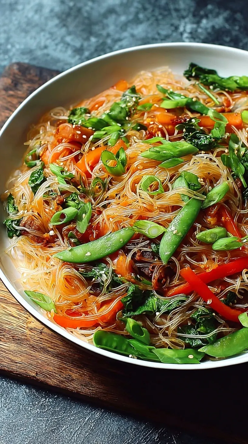 A colorful pan of easy rice noodle stir-fry with chicken, broccoli, and red peppers