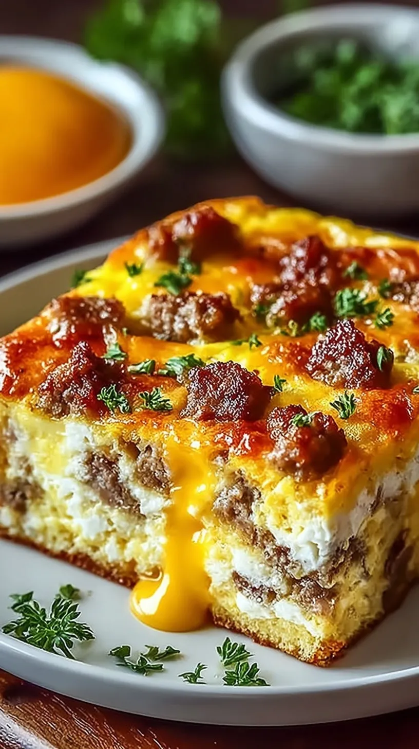A golden brown sausage and egg casserole with melted cheddar cheese and savory sausage in a white baking dish.