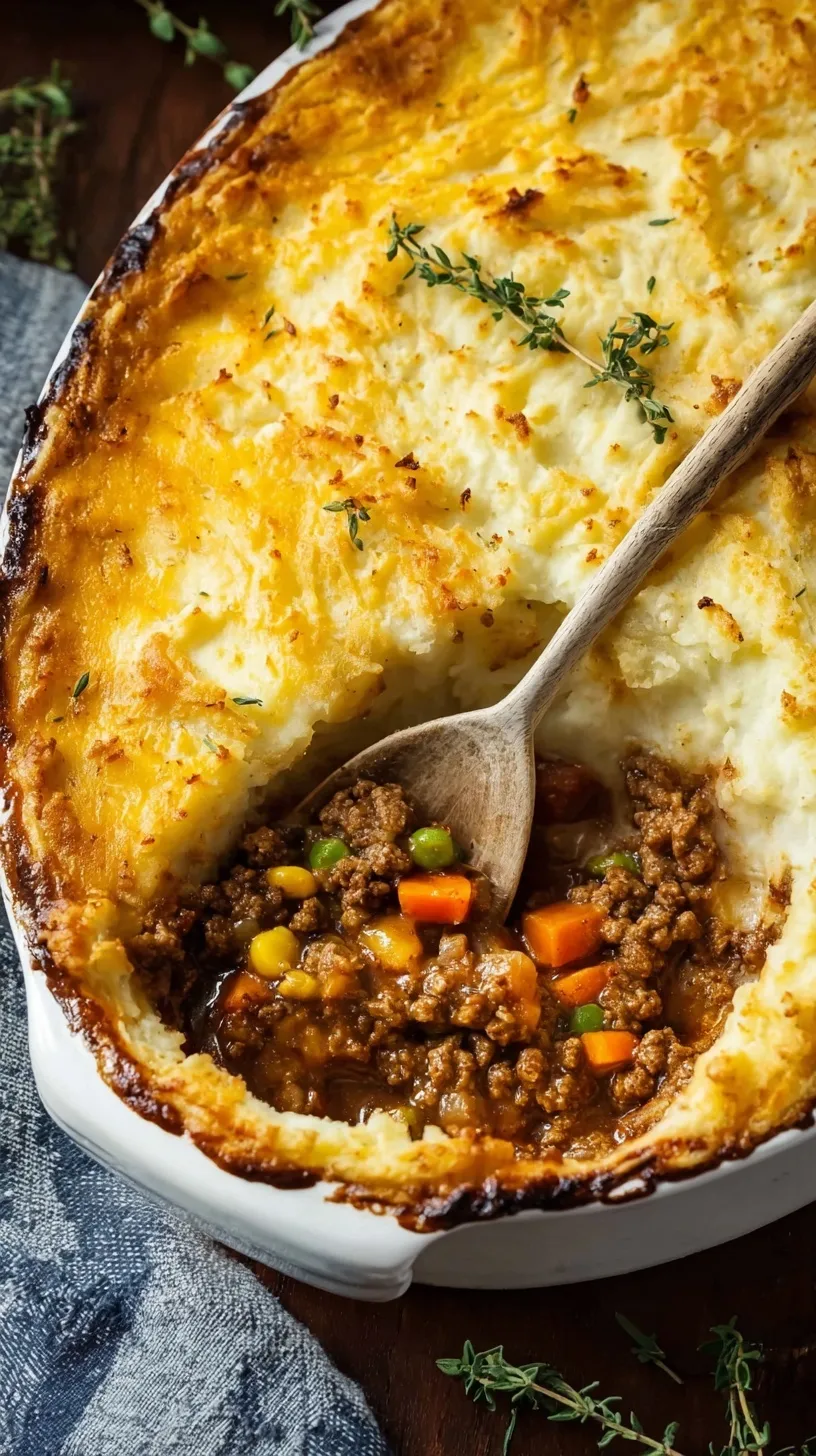 A golden brown Easy Shepherd's Pie in a baking dish with fork ridges on the mashed potato topping.