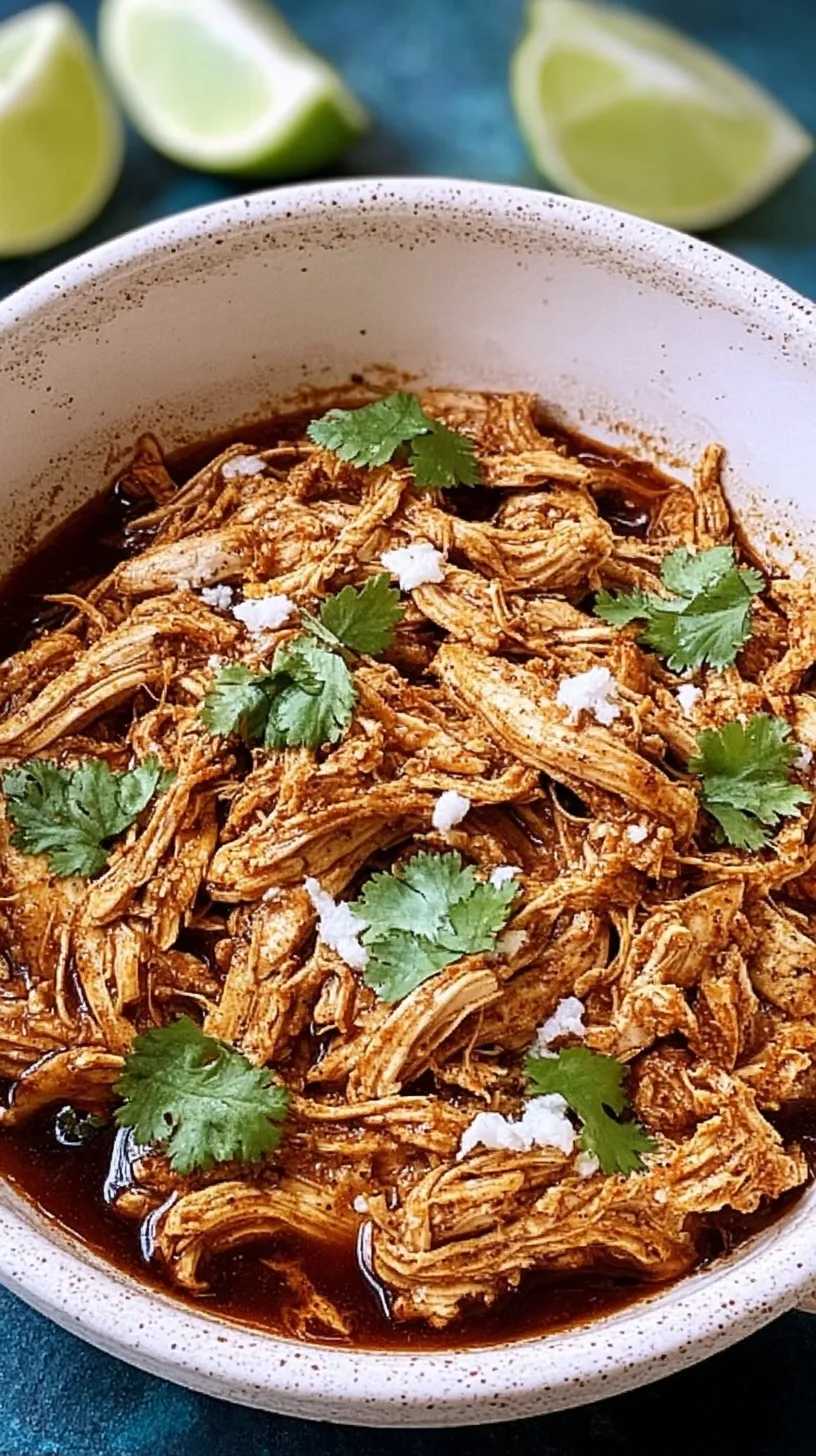 A skillet filled with juicy shredded Mexican chicken topped with fresh cilantro and lime.