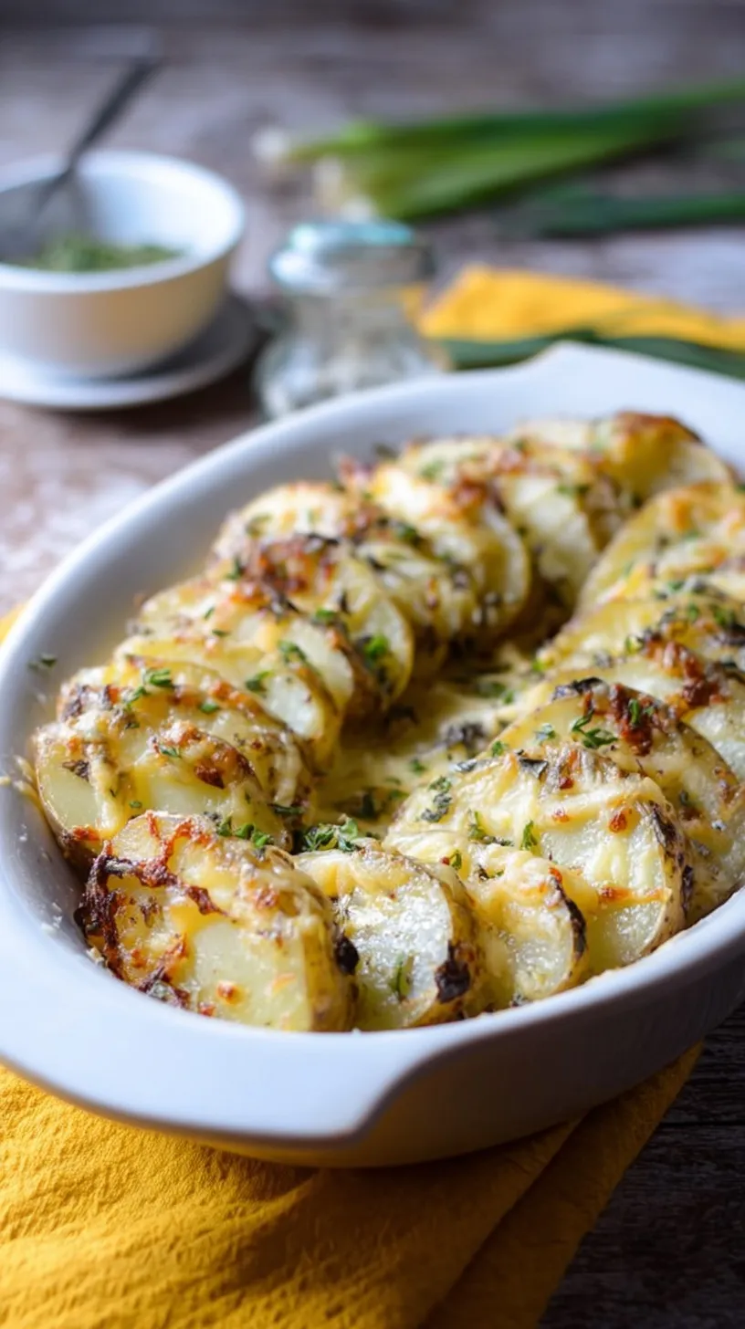 Golden brown sliced baked potatoes topped with melted cheddar cheese and fresh chives on a baking sheet.