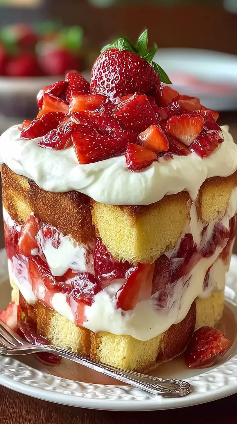 A beautiful layered strawberry trifle in a glass bowl with pound cake and cream