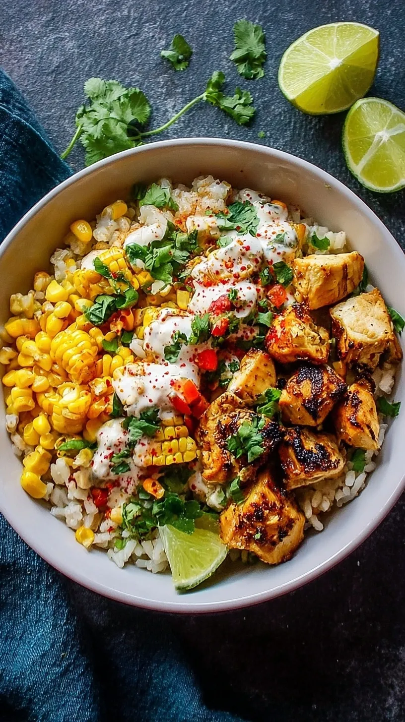 A vibrant Street Corn Chicken Rice Bowl with charred corn, seasoned chicken, and fresh cilantro over white rice.