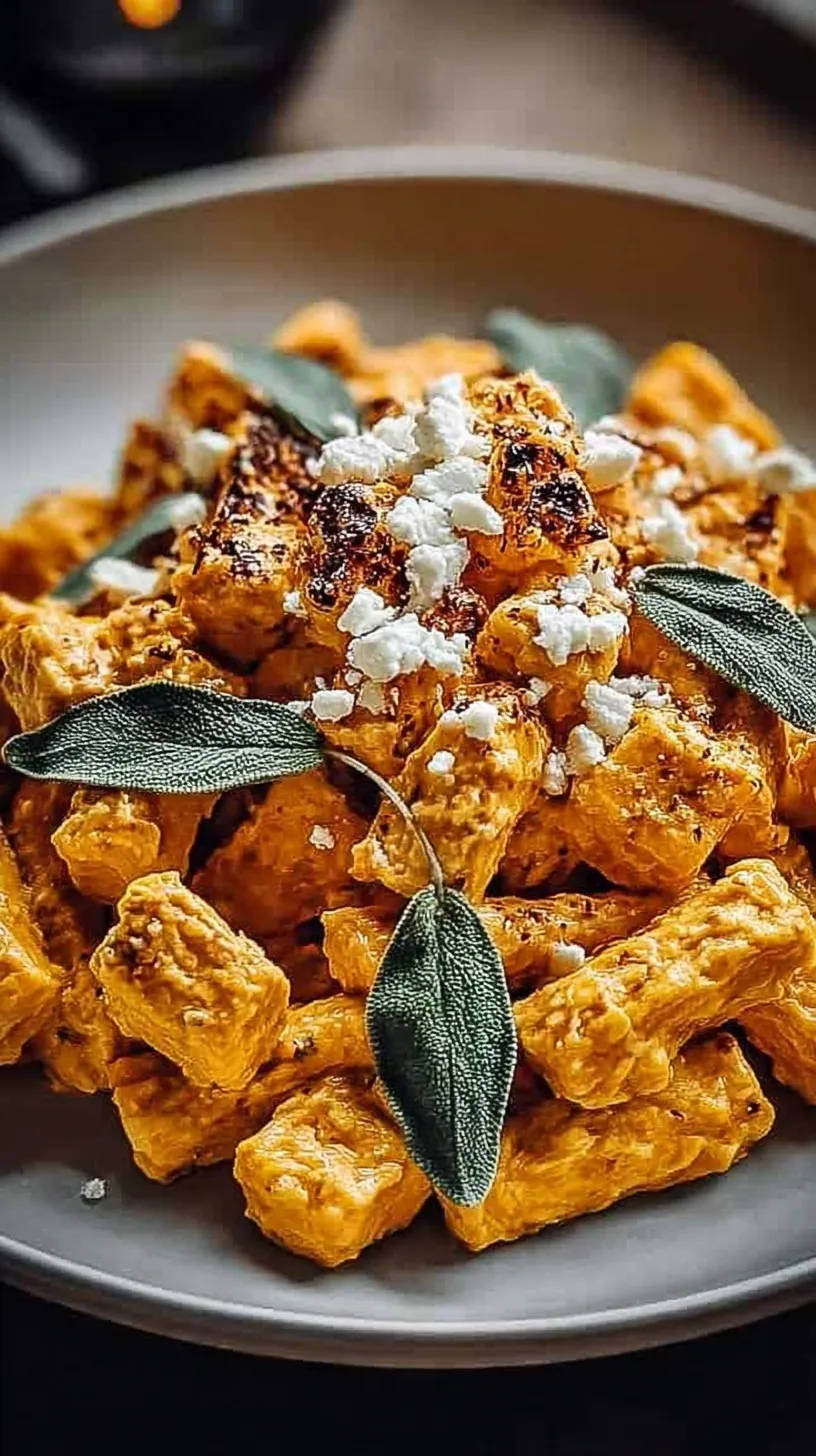 A bowl of creamy orange sweet potato pasta topped with crispy sage and parmesan cheese