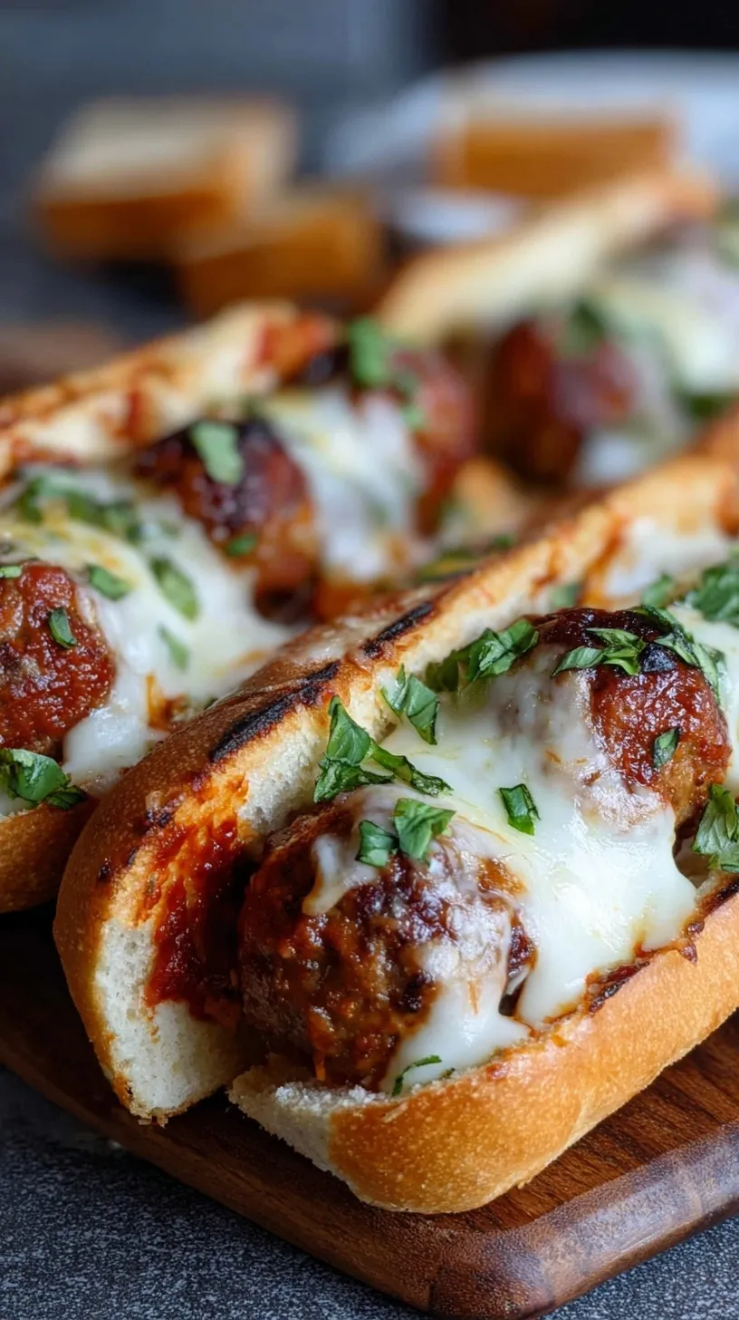 Four toasted meatball subs with melted provolone cheese and marinara sauce on a baking sheet.