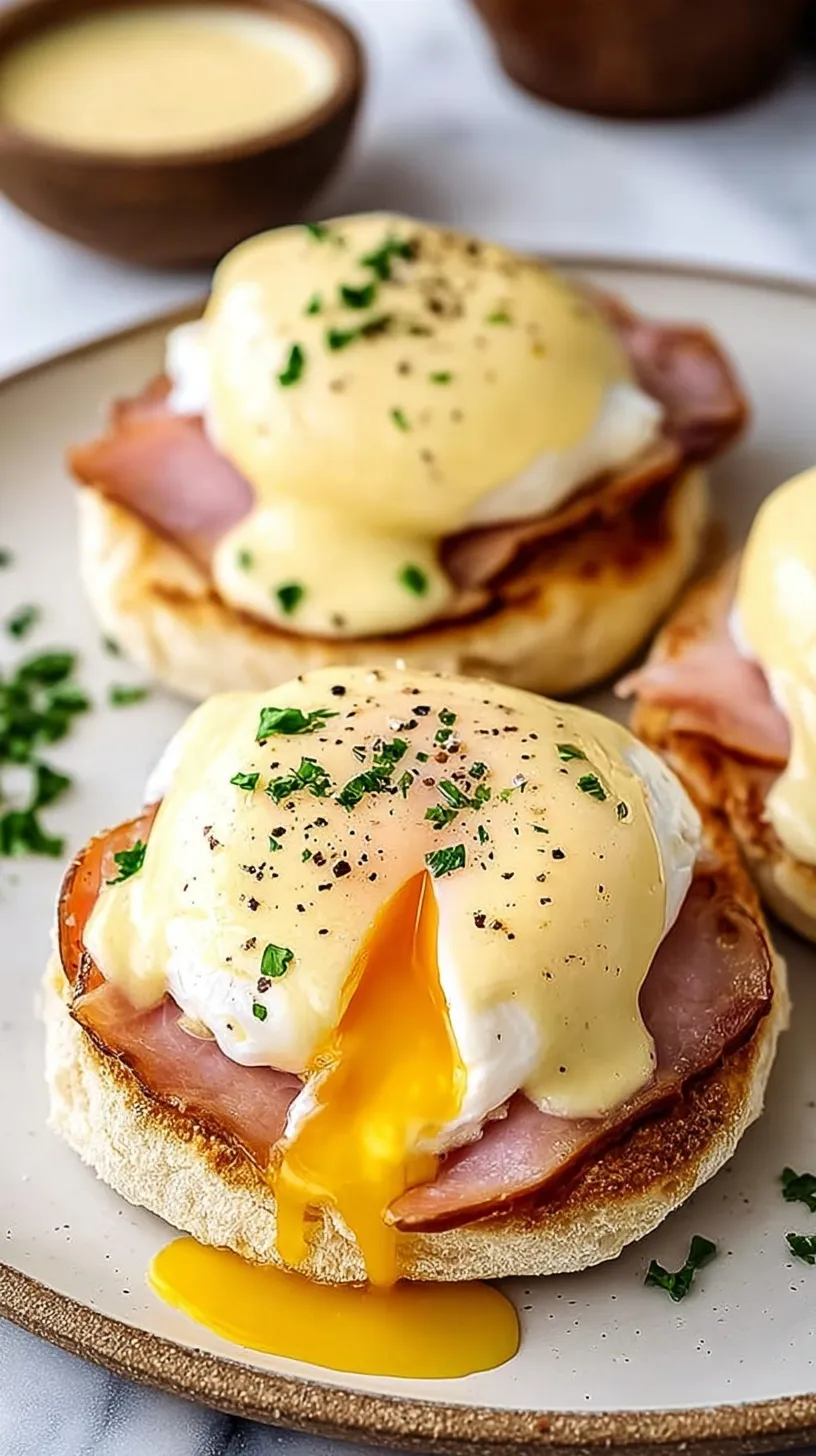 Two toasted English muffins topped with Canadian bacon, poached eggs, and creamy yellow hollandaise sauce.