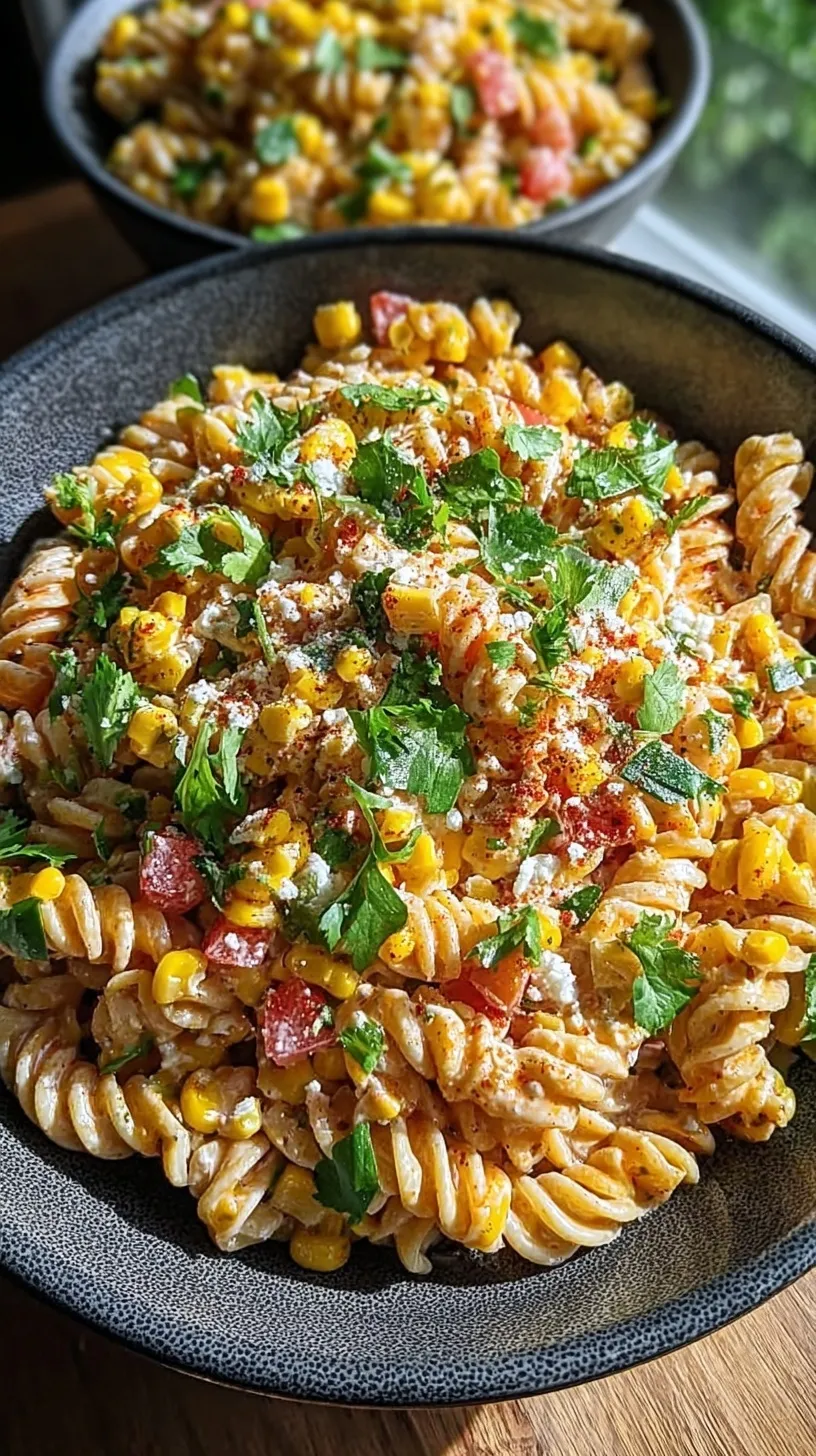 A bowl of creamy pasta salad with charred corn, cotija cheese, and fresh cilantro.