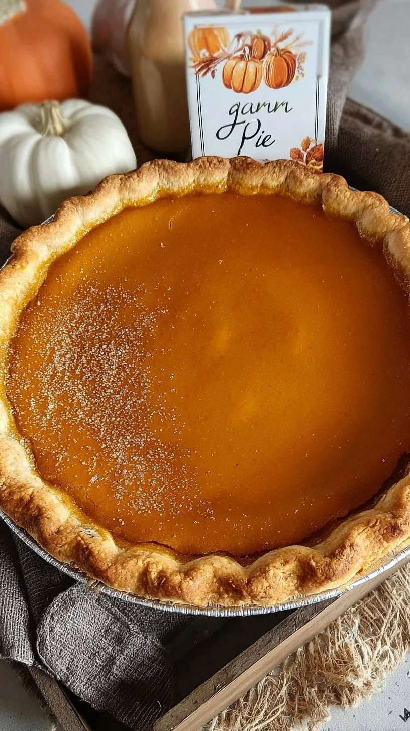 A golden-brown evaporated milk pumpkin pie on a cooling rack with a dollop of whipped cream.