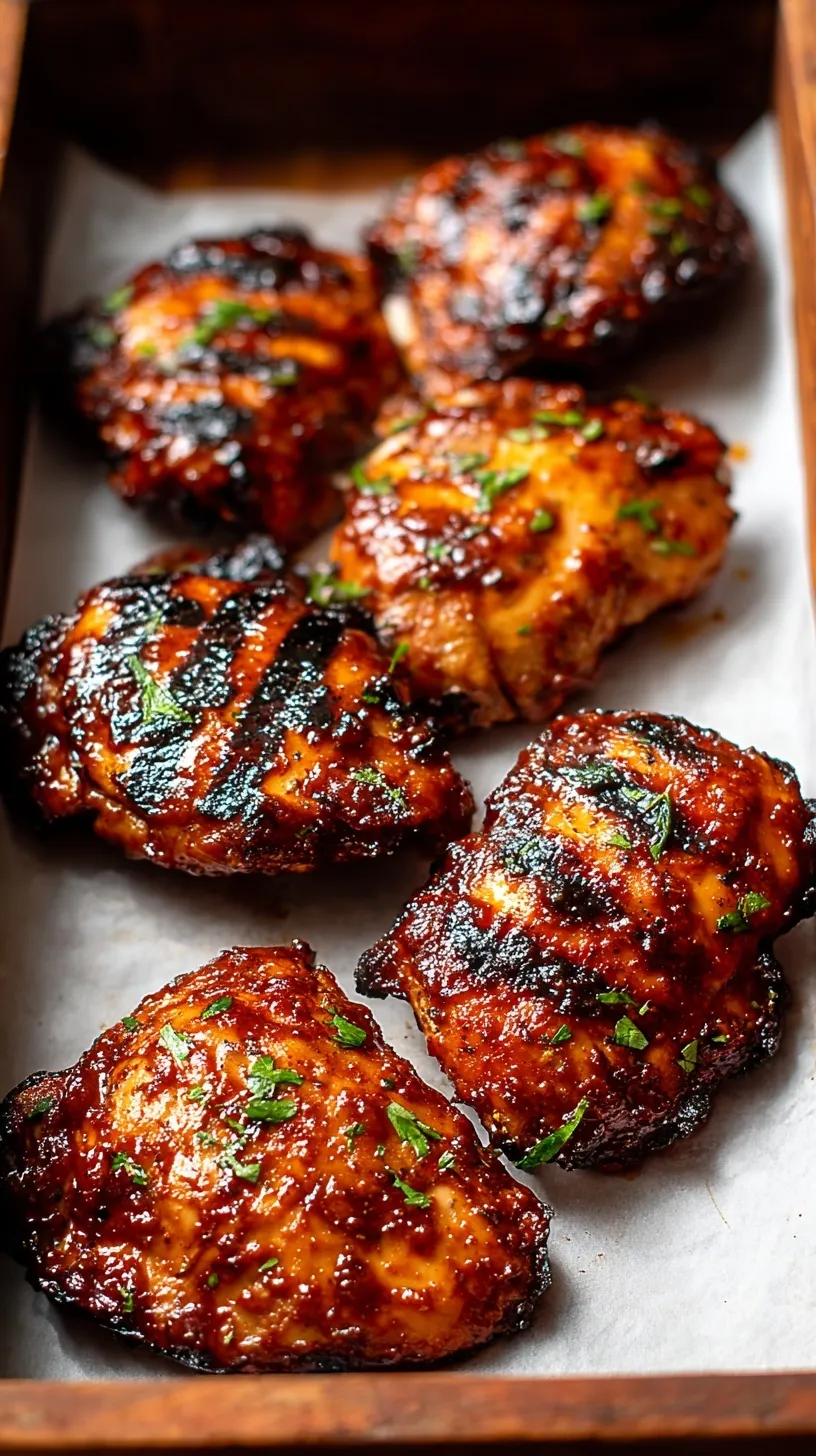 Golden brown grilled BBQ chicken thighs with a sticky glaze on a platter