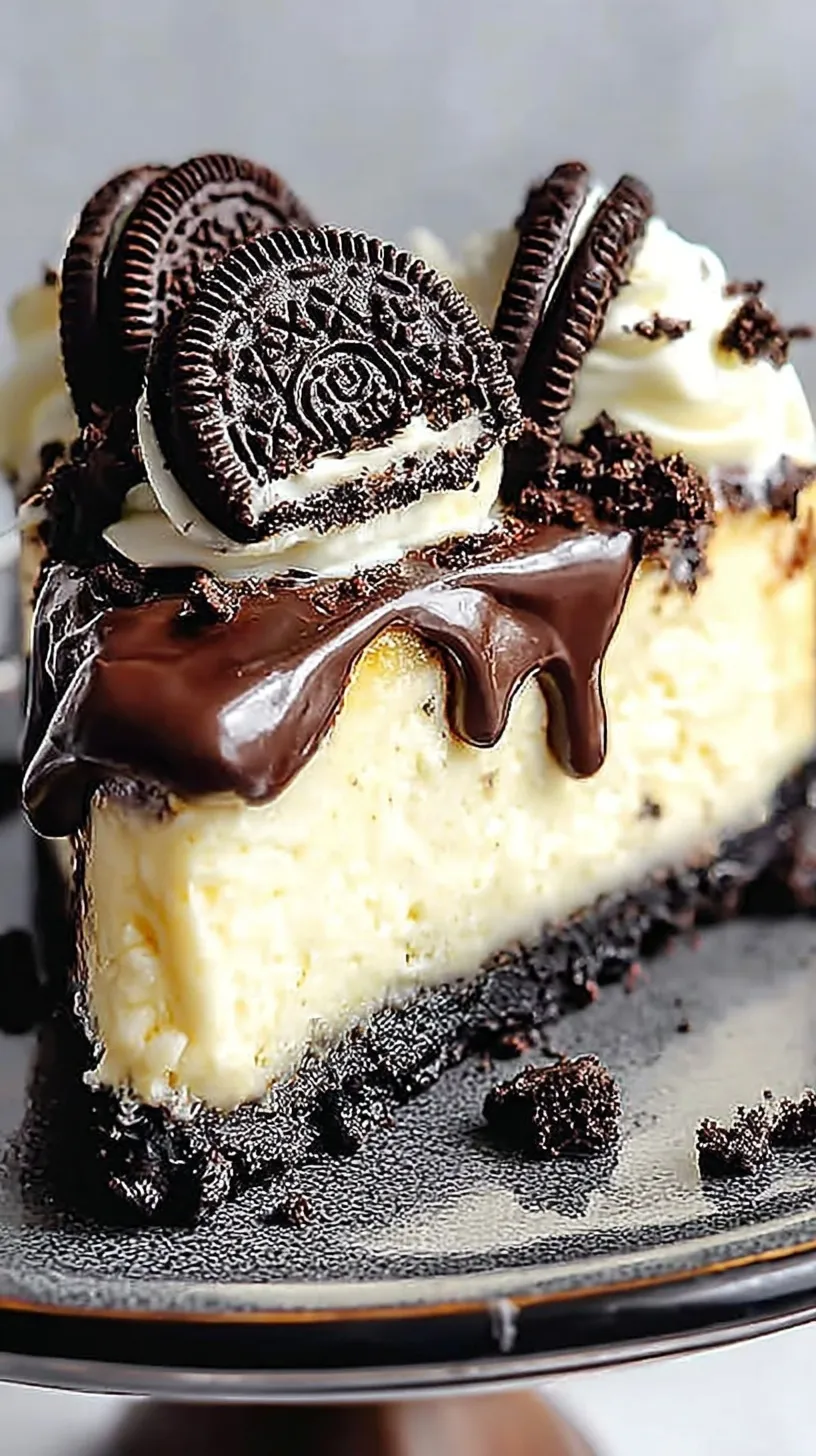 A slice of creamy Oreo cheesecake with a dark chocolate cookie crust and chopped cookies on top