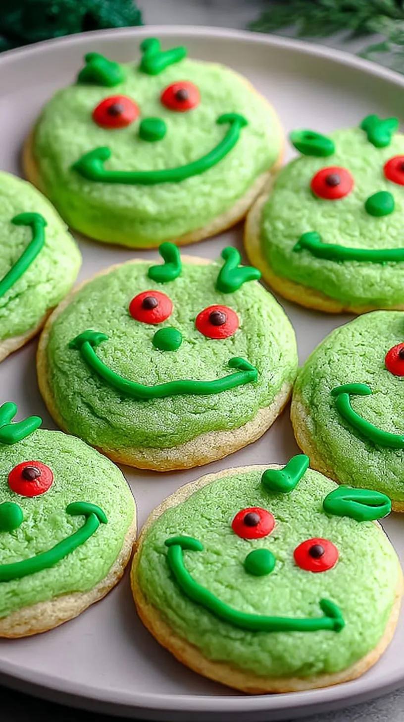 Vibrant green sugar cookies with a small red heart sprinkle on a baking sheet
