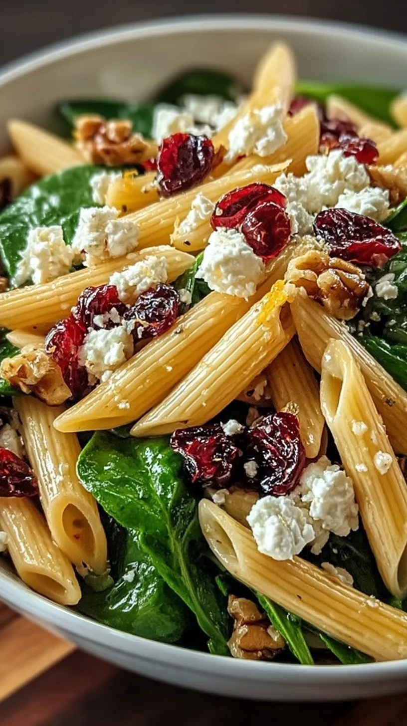A large bowl of penne pasta salad with dried cranberries, feta cheese, and fresh spinach tossed in orange dressing.