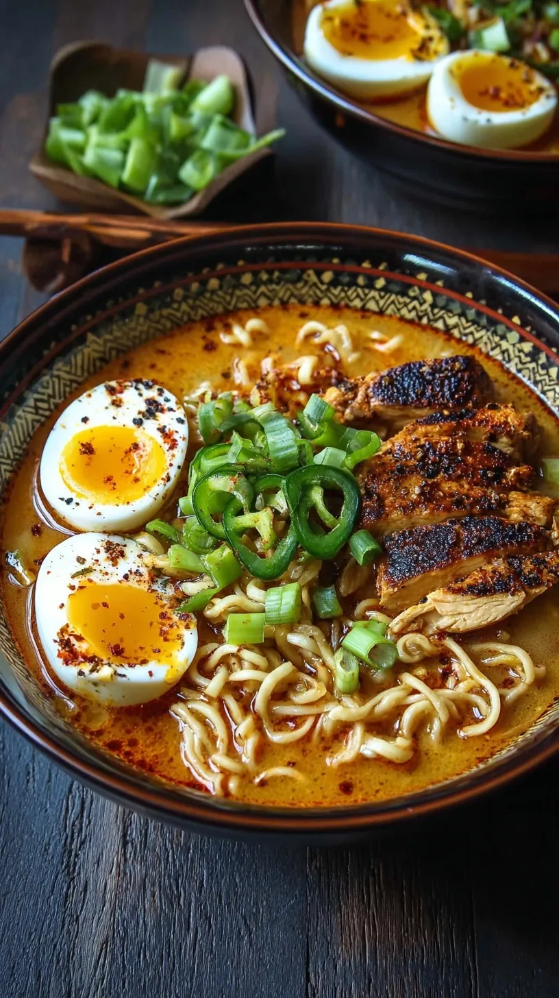 A steaming bowl of spicy chicken ramen with soft boiled eggs and scallions