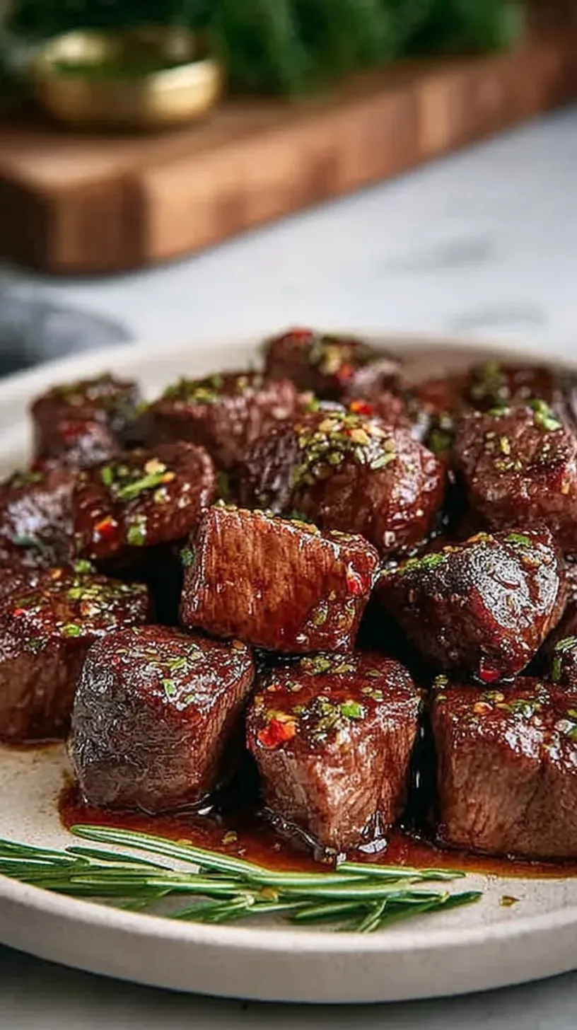 Seared sirloin steak bites glazed in a spicy red sauce and topped with green onions and sesame seeds