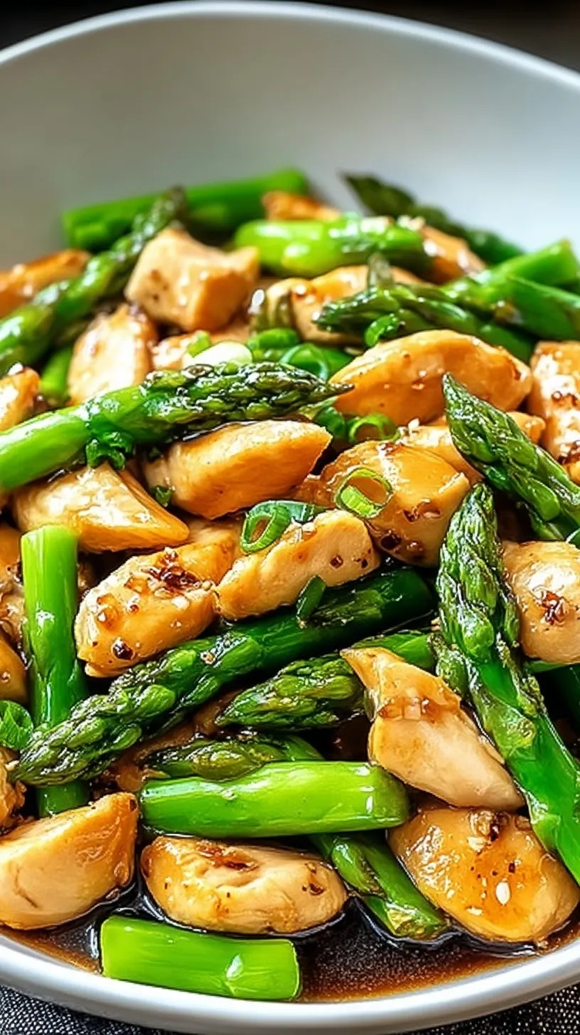 A vibrant chicken and asparagus stir fry with golden chicken strips and bright green asparagus in a glossy sauce.