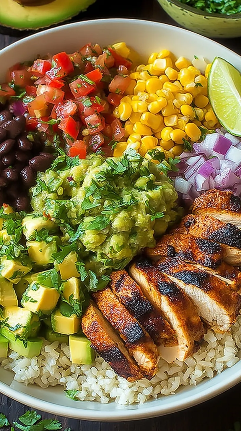 A colorful grilled chicken burrito bowl with cilantro lime rice, black beans, corn, and avocado salsa.