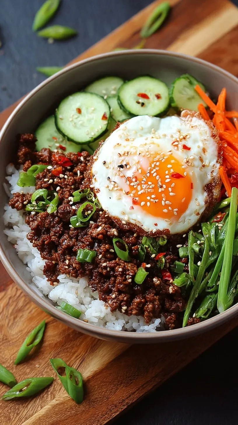 A bowl of seasoned Korean ground beef over white rice with green onions and sesame seeds