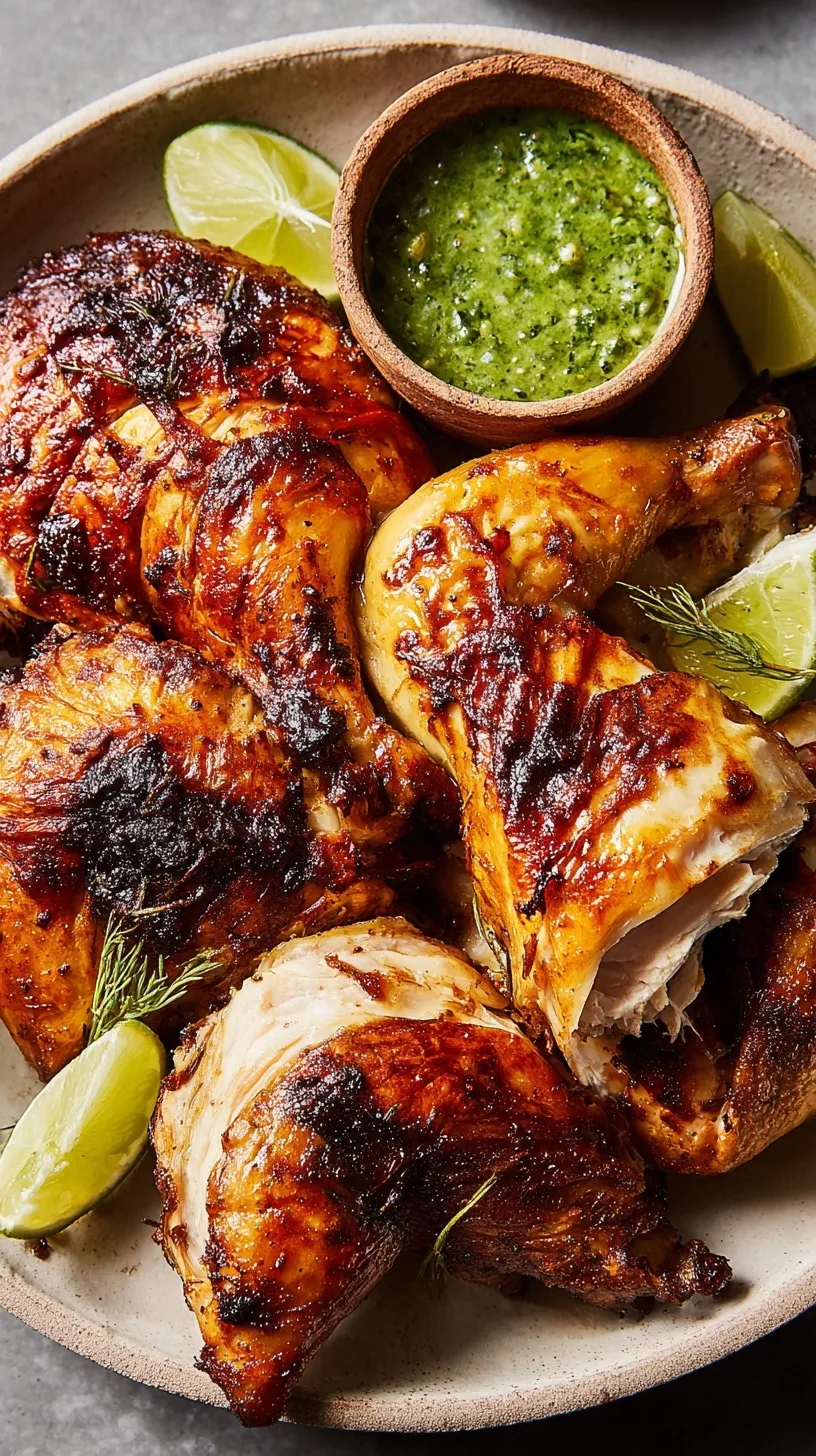 Golden brown Peruvian roasted chicken on a roasting rack with crispy skin and fresh herbs