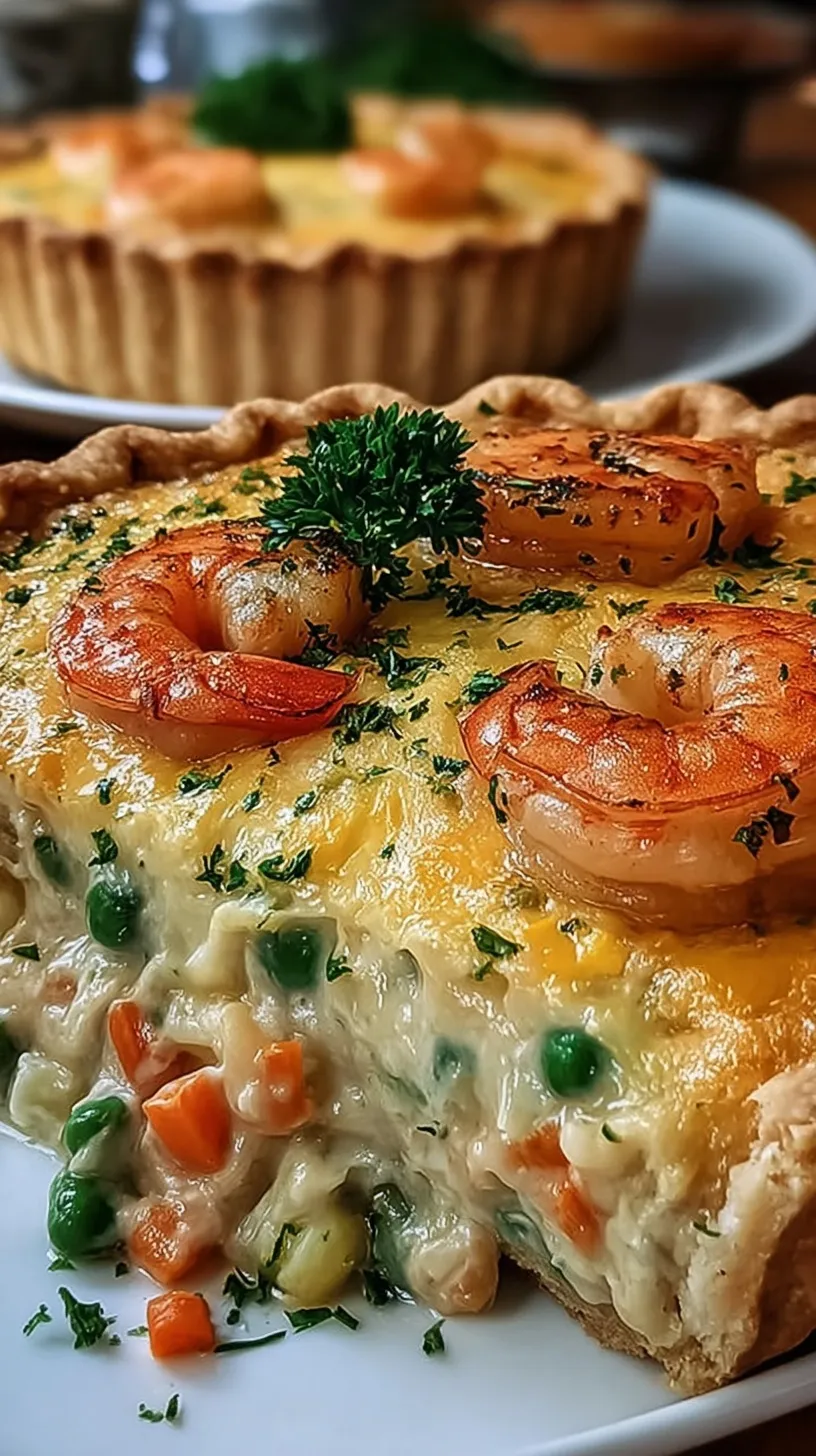 A golden brown Florida Shrimp Cheddar Pie in a flaky crust with melted cheese and fresh parsley
