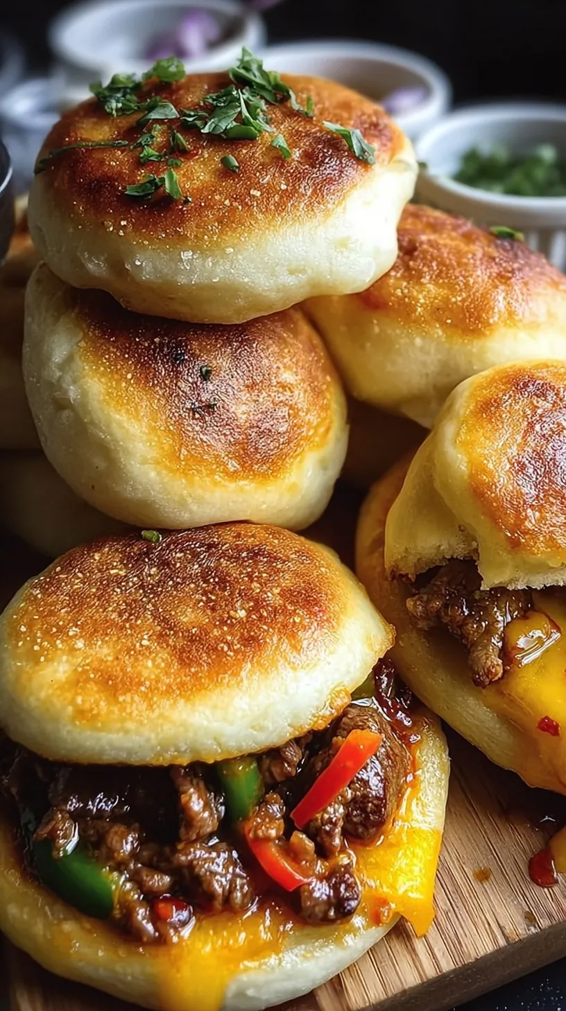 Golden brown fluffy pan bread stuffed with savory ground beef on a wire rack.