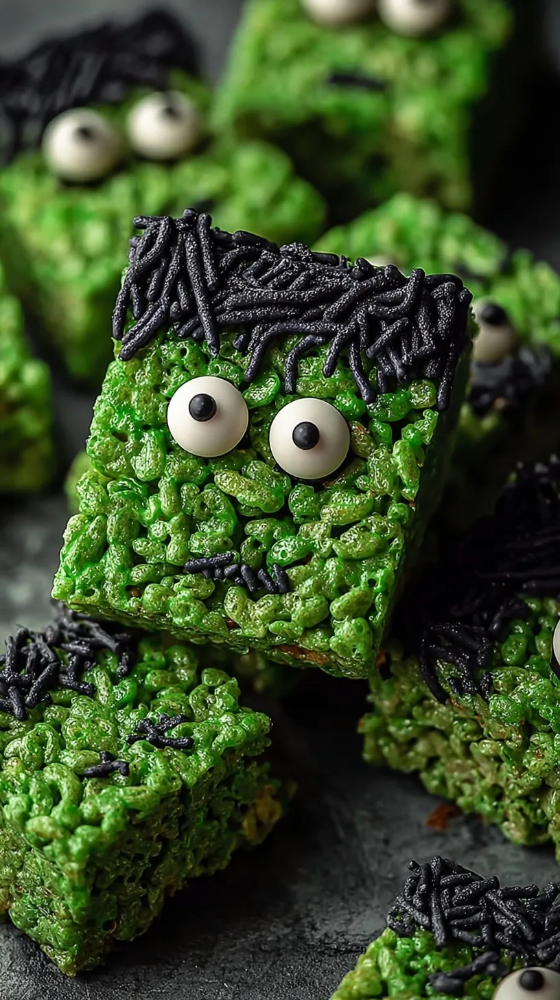 Green Frankenstein Rice Krispie Treats with black candy hair and pretzel neck bolts on a tray
