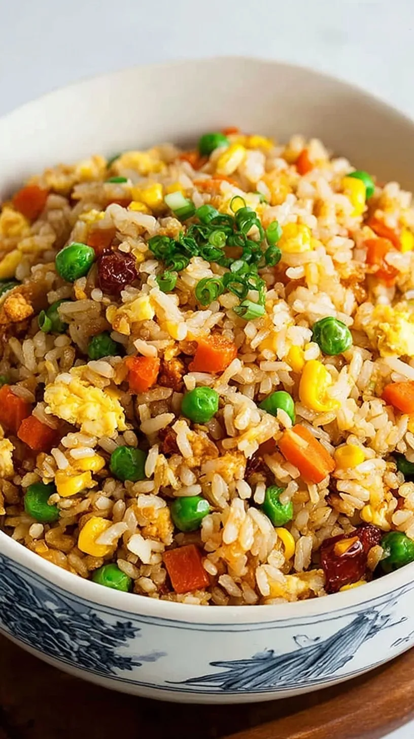 A steaming bowl of golden fried rice with green onions and colorful vegetables.