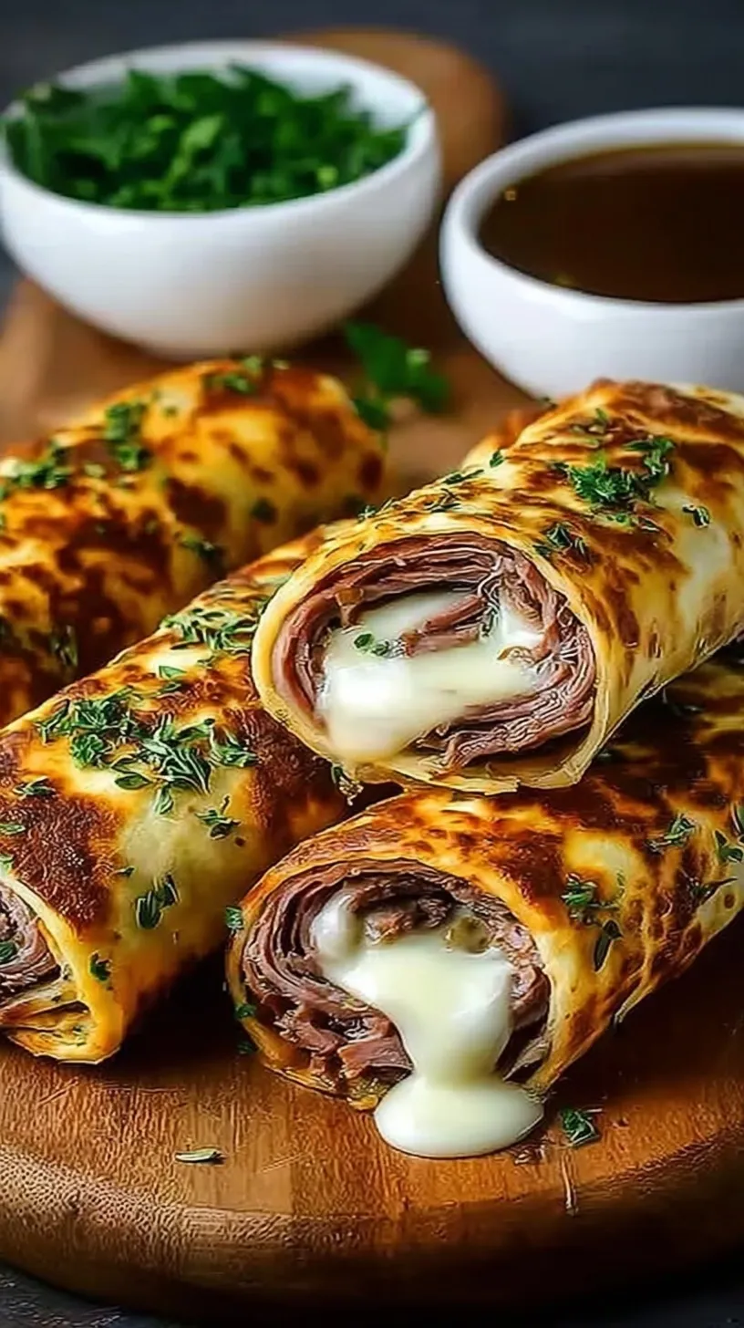 Sliced French Dip Tortilla Roll Ups arranged on a platter with a small bowl of savory beef au jus for dipping.