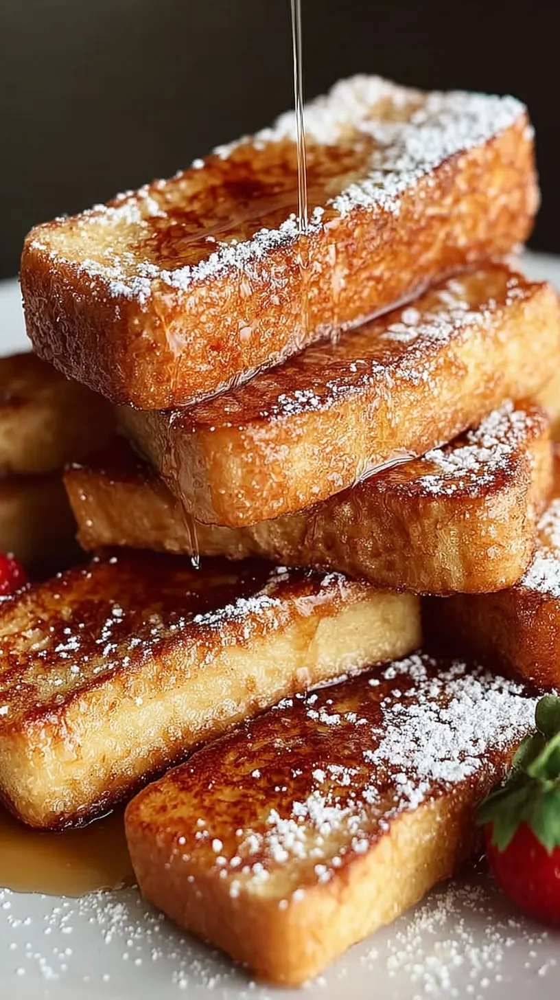 Golden brown French toast sticks piled on a plate with maple syrup and powdered sugar