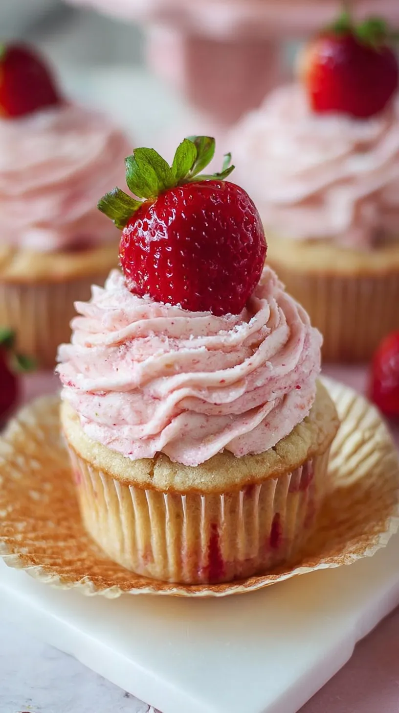 Fluffy vanilla cupcakes with a red strawberry swirl and pink frosting on a wire rack.