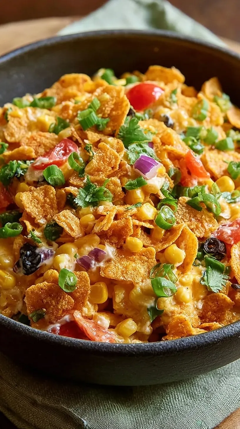 A colorful bowl of creamy corn salad topped with crushed chili cheese corn chips