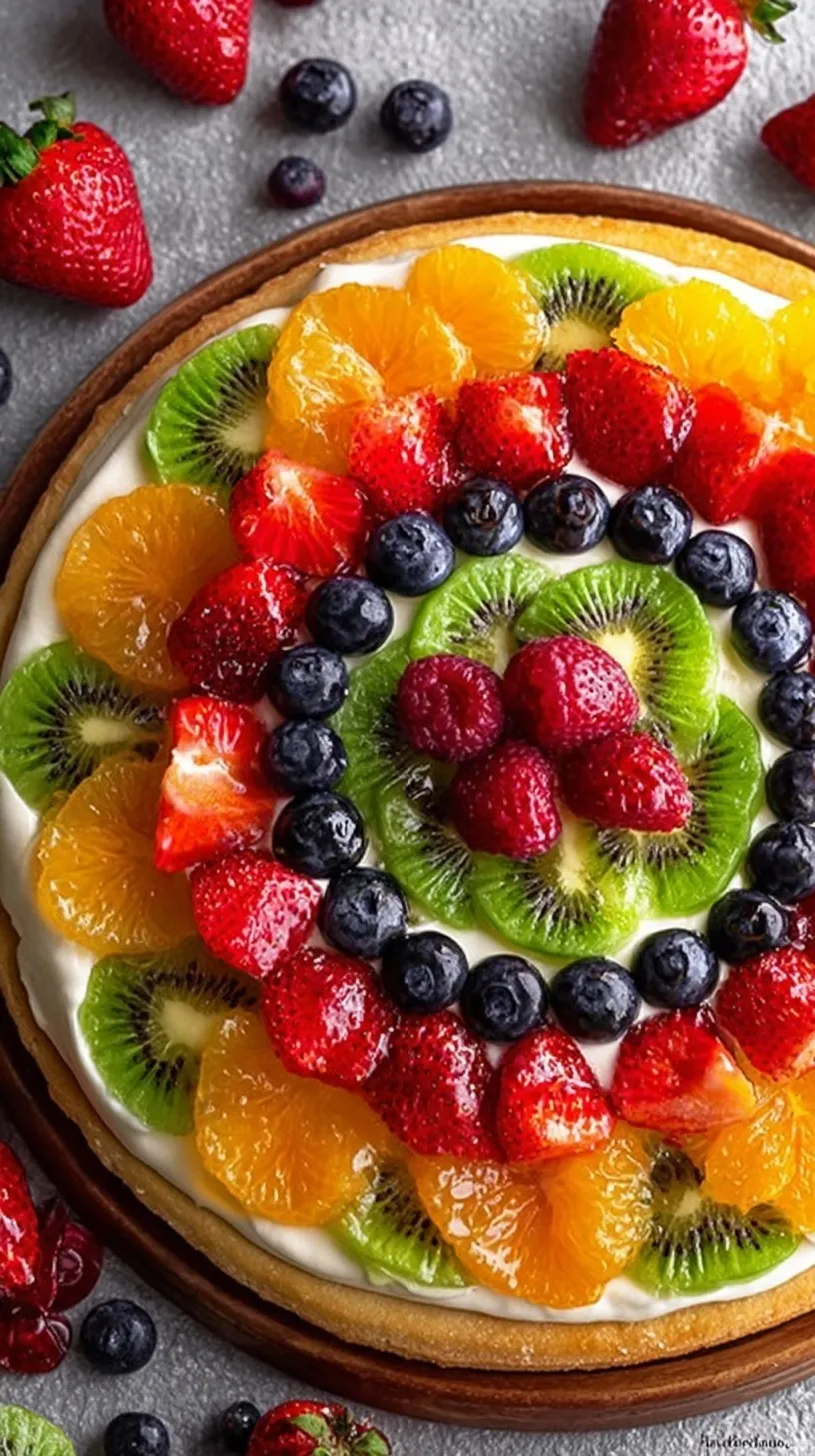 A colorful classic fruit pizza with strawberries, blueberries, kiwi, and oranges on a white platter.