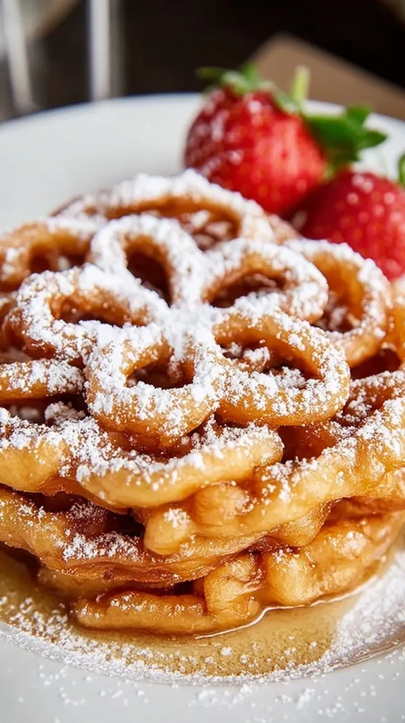 Golden brown homemade funnel cake topped with powdered sugar on a plate