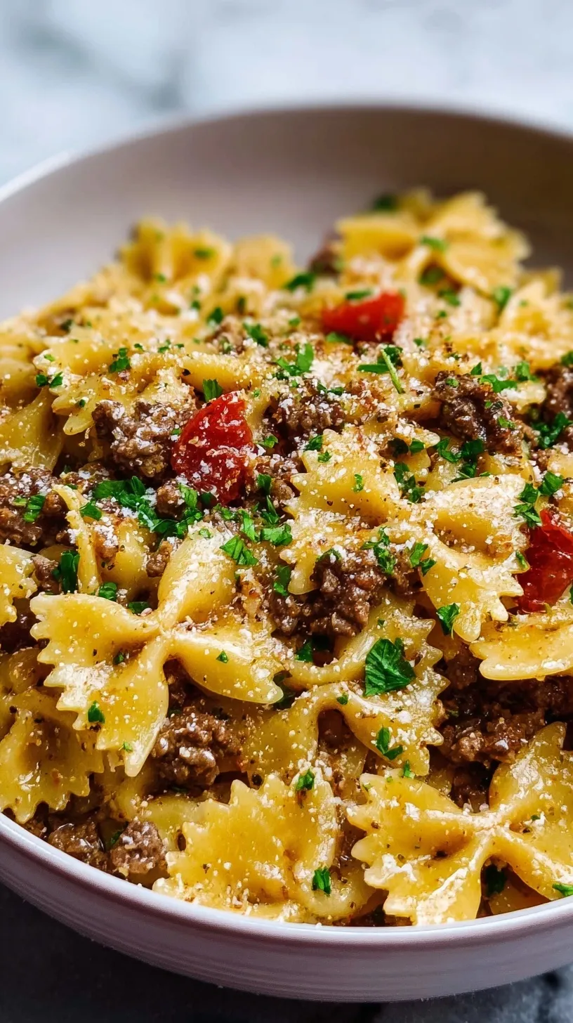 A bowl of bowtie pasta with ground beef, garlic butter sauce, and fresh parsley