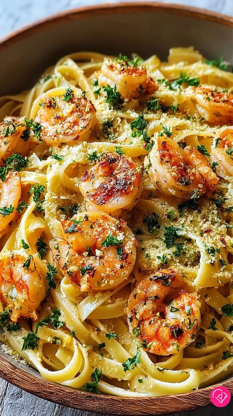 A plate of Garlic Butter Shrimp Pasta with large seared shrimp, fresh parsley, and parmesan cheese.