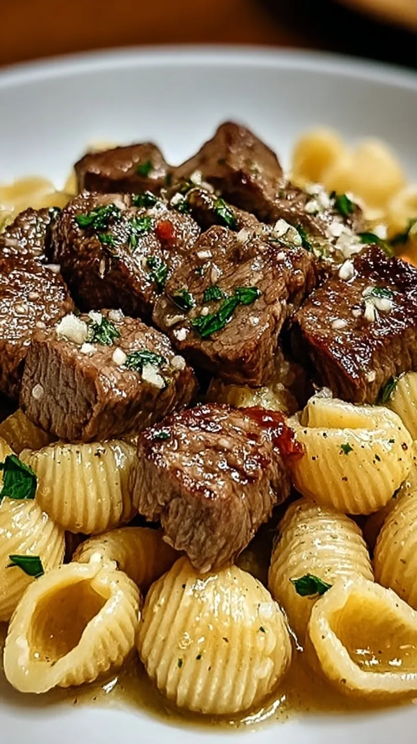 Golden seared steak bites and shell pasta tossed in garlic butter and parsley