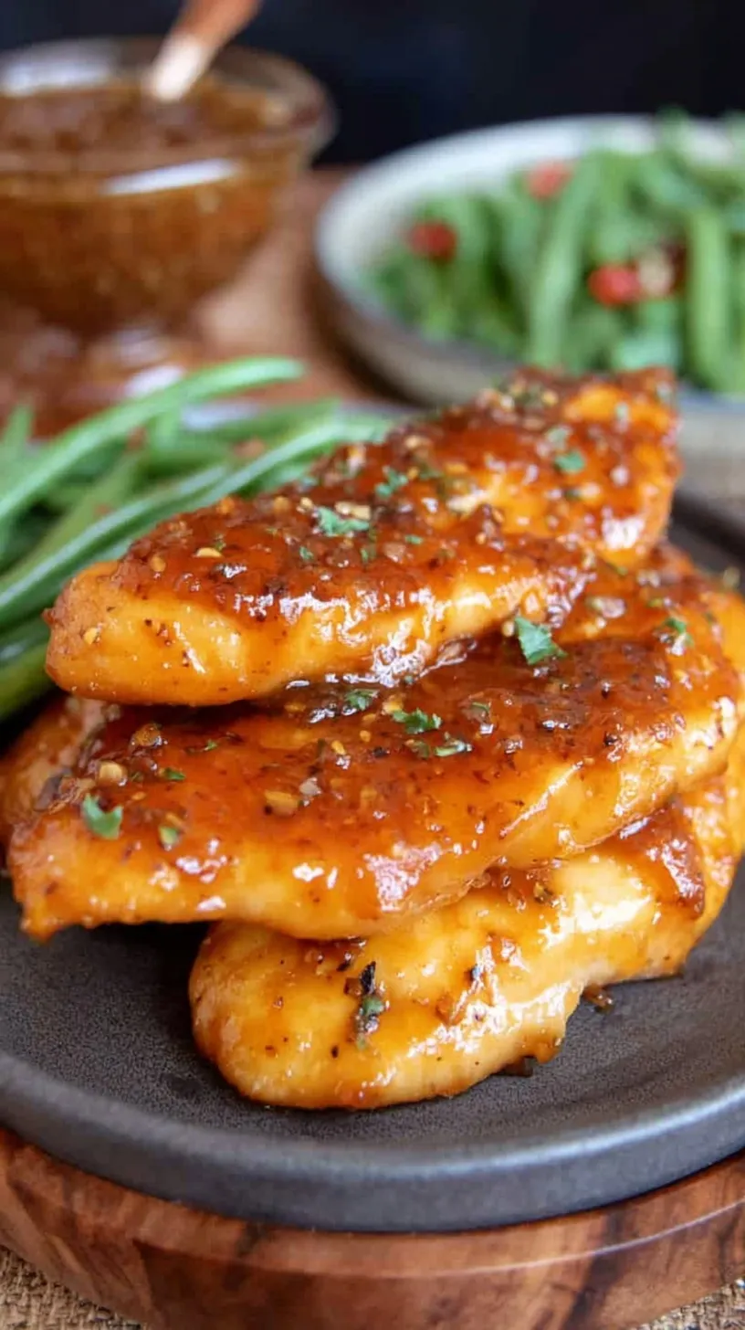 A plate of golden brown crispy chicken tenders coated in a glossy red garlic chili glaze and topped with fresh chives.