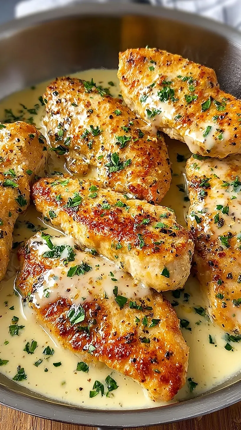 Pan-seared chicken cutlets smothered in a creamy white garlic and parmesan sauce with fresh parsley.