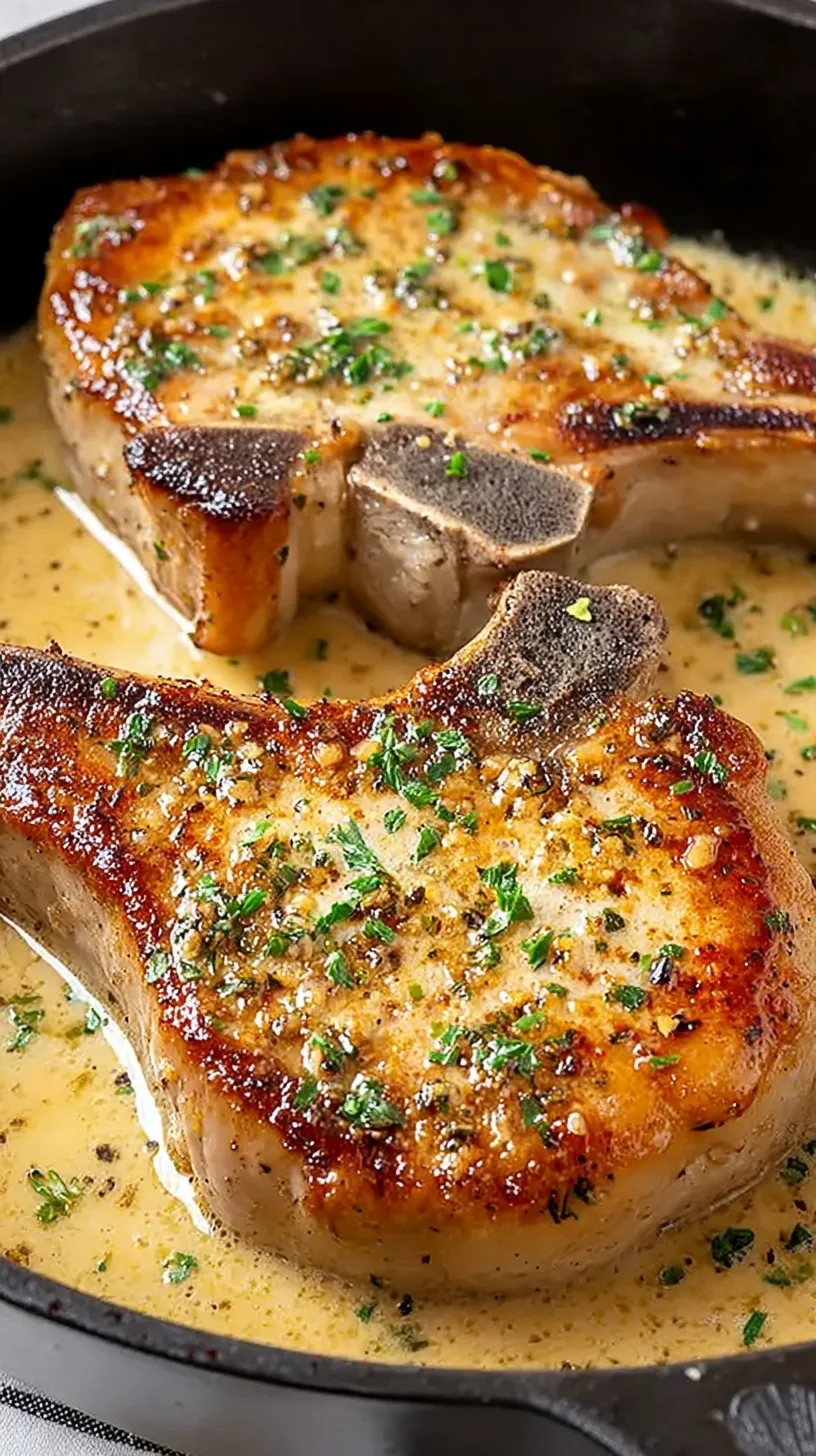 Golden brown Garlic Parmesan Pork Chops in a skillet with melted garlic butter and fresh parsley.