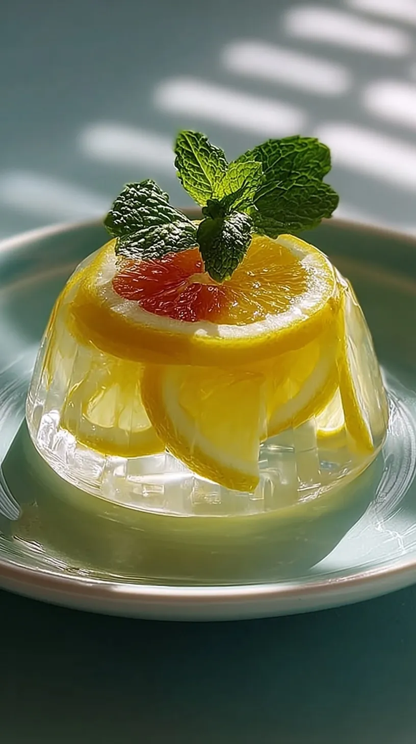 A warm mug of clear gelatin wellness drink with a lemon slice on a wooden table.
