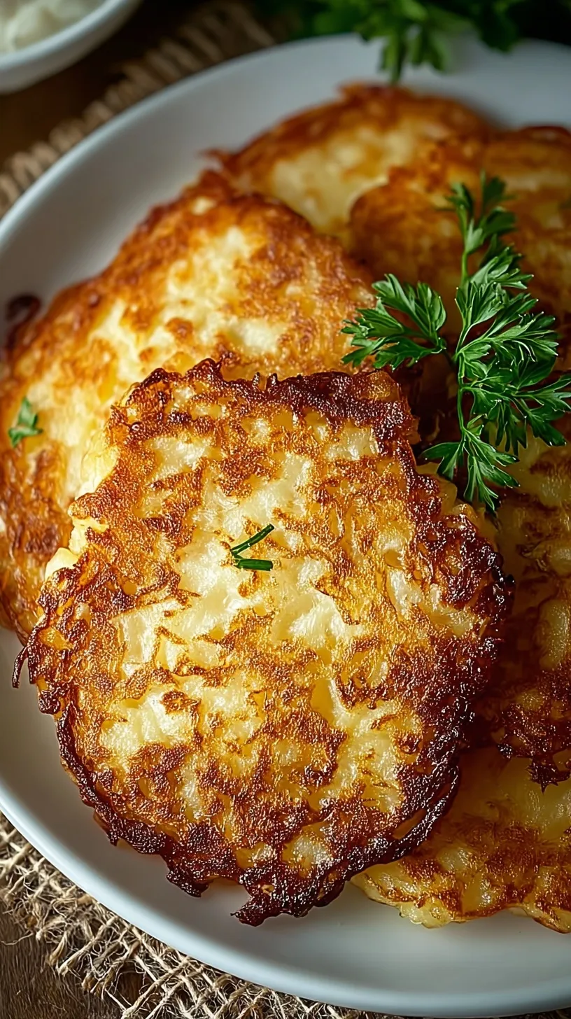 Golden brown German potato pancakes stacked on a plate with crispy edges.