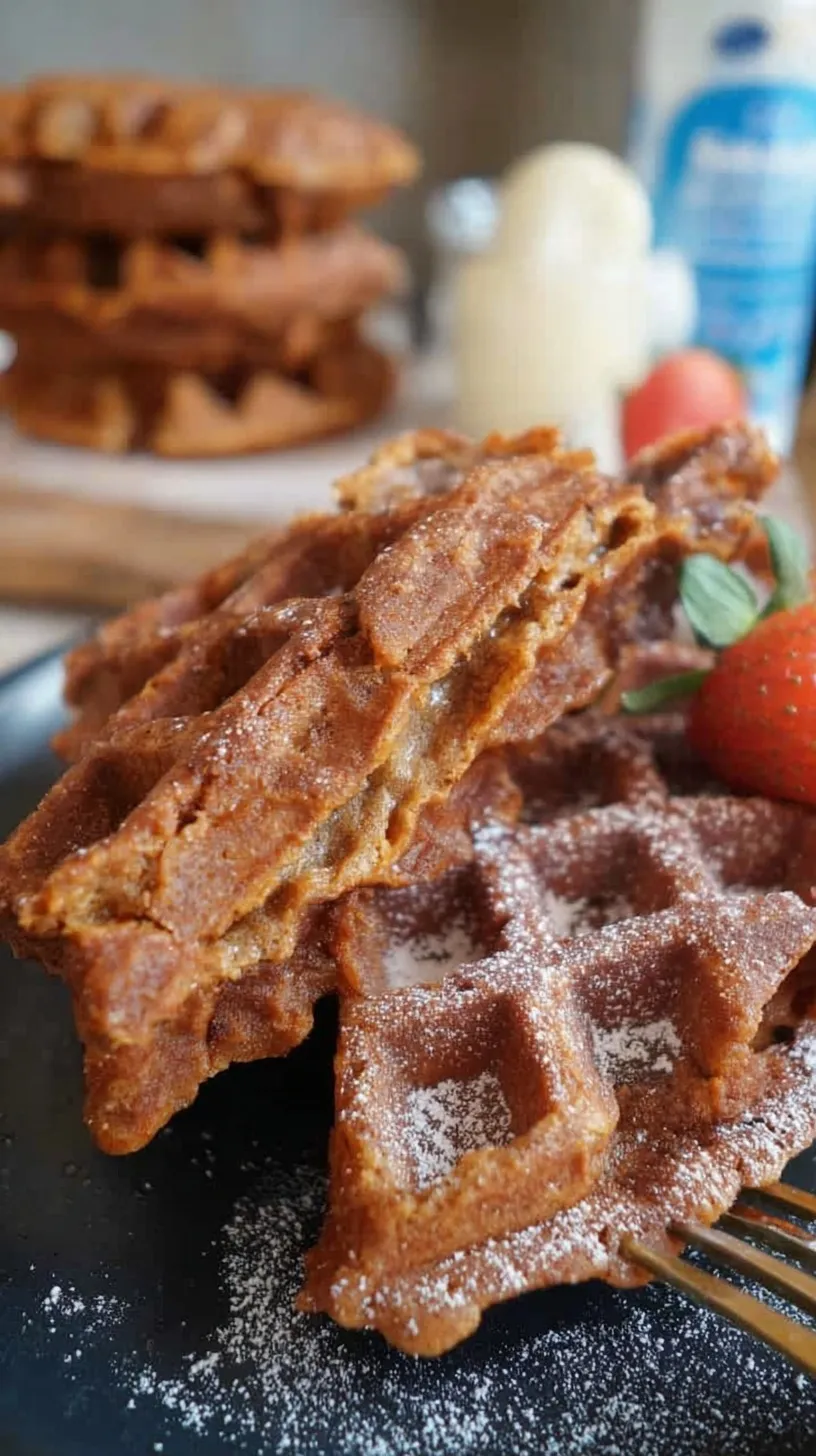 Golden brown gingerbread waffles on a plate with maple syrup