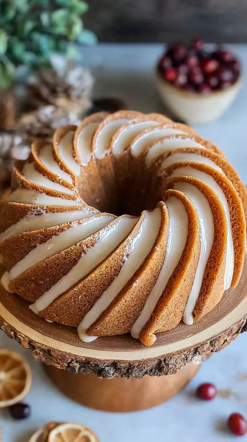 A beautiful golden gingerbread bundt cake dusted with powdered sugar on a wooden serving plate.