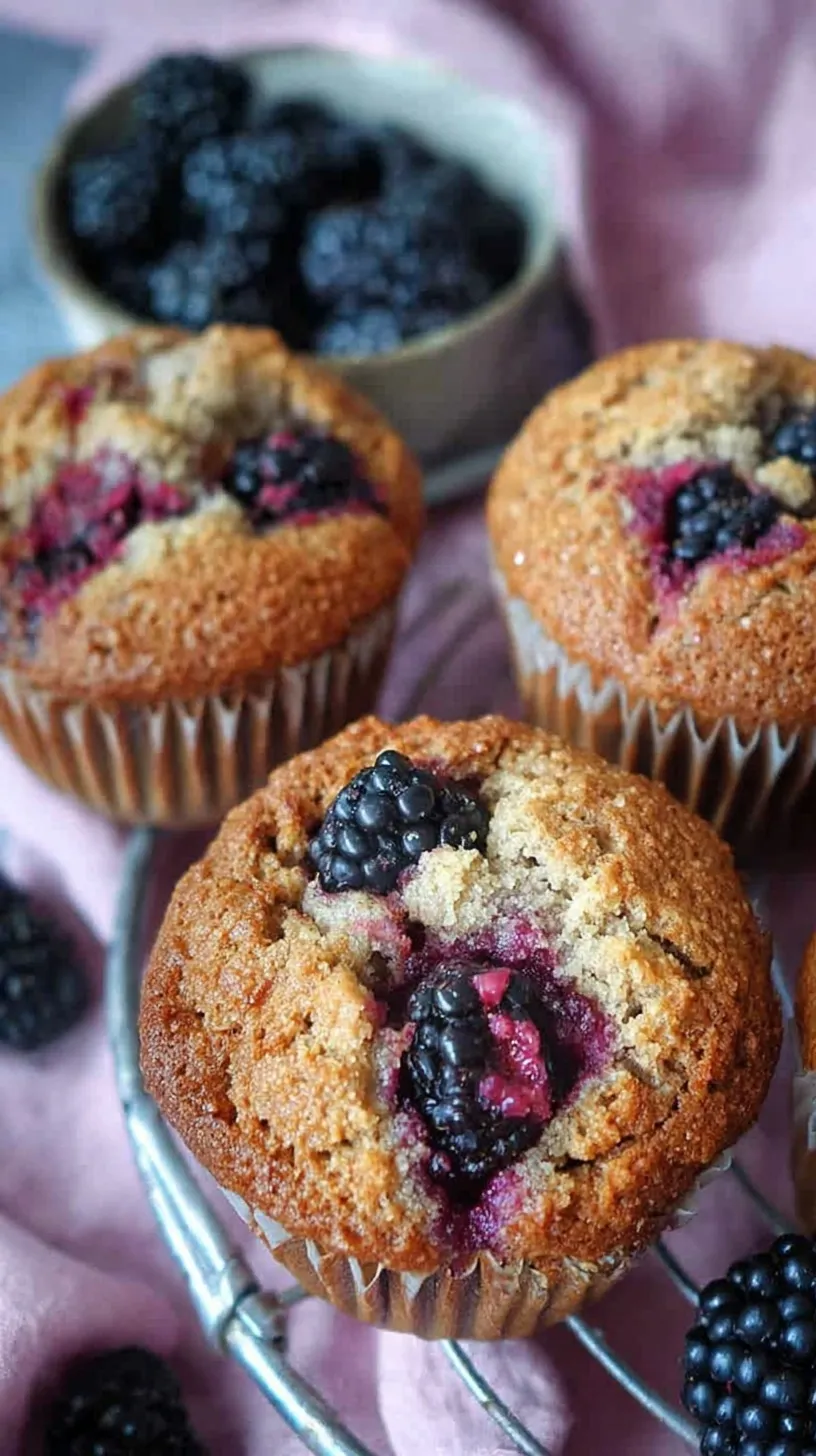 A stack of golden brown gluten-free blackberry muffins with sparkling sugar on top