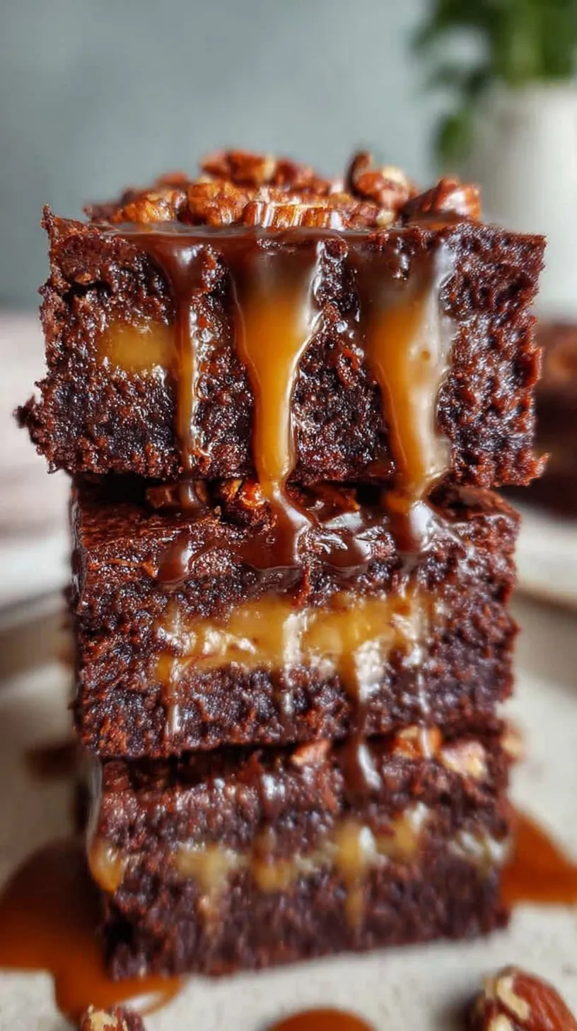 A stack of three-layered gluten free caramel slice brownies with dark chocolate topping