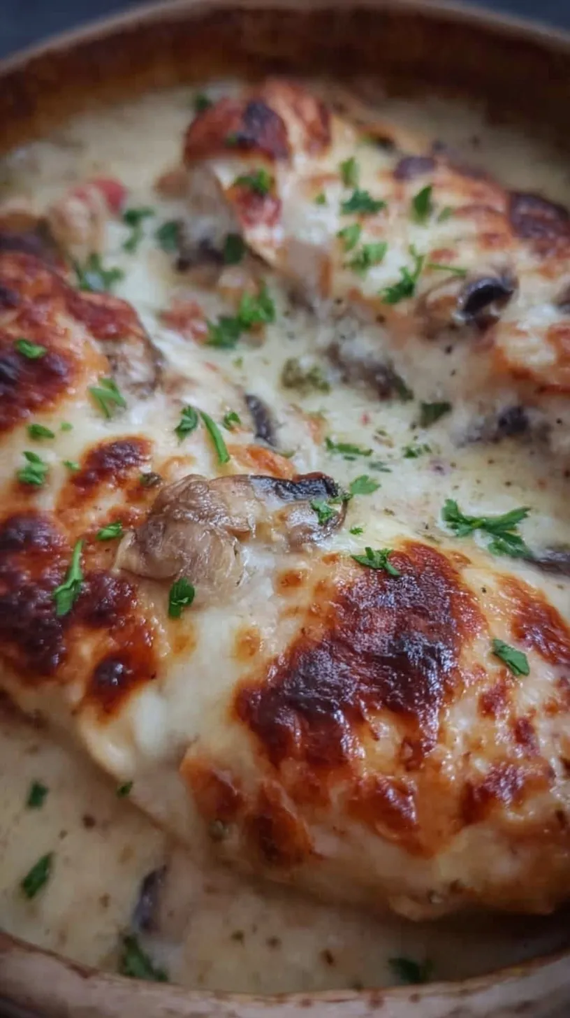 Creamy golden chicken thighs smothered in a rich gluten-free mushroom soup sauce in a black skillet