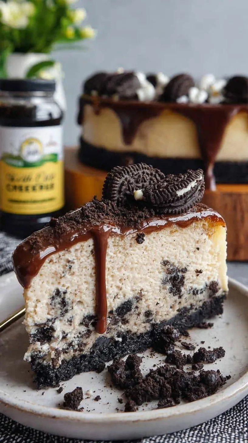 A slice of dense New York-style gluten-free oreo cheesecake with cookie chunks
